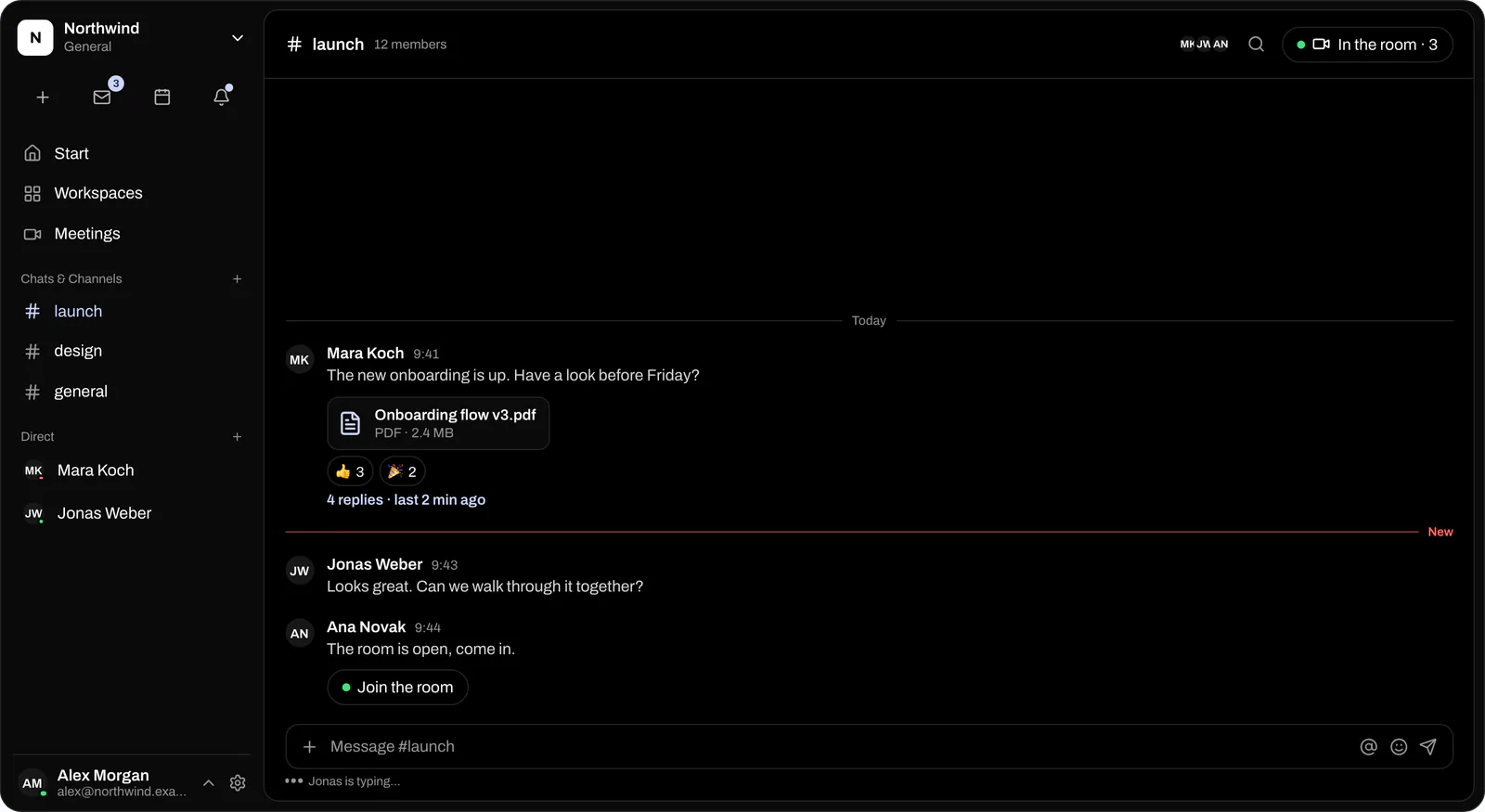 Die App loop in, gezeigt mit Demodaten: Chat