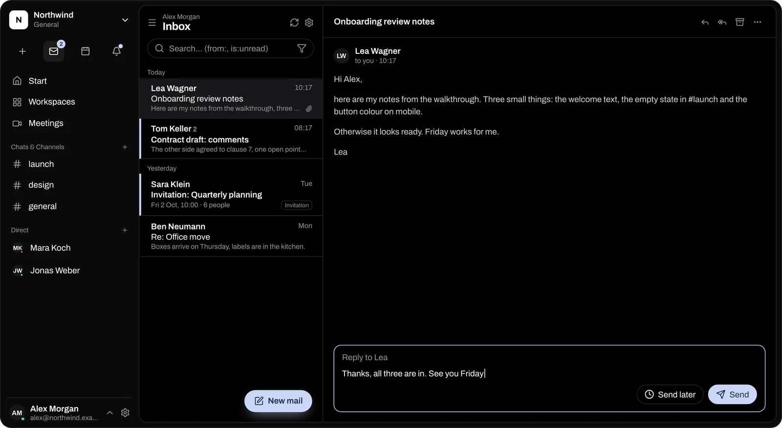 Die App loop in, gezeigt mit Demodaten: Mail