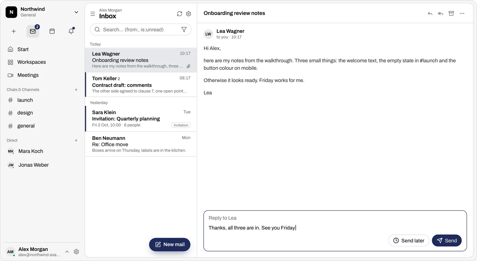 Die App loop in, gezeigt mit Demodaten: Mail